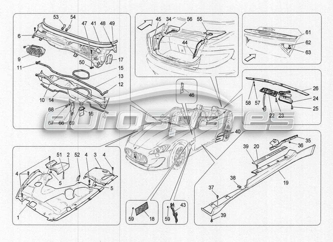 maserati grancabrio mc centenario diagrama de piezas de molduras y paneles de cobertura de escudos