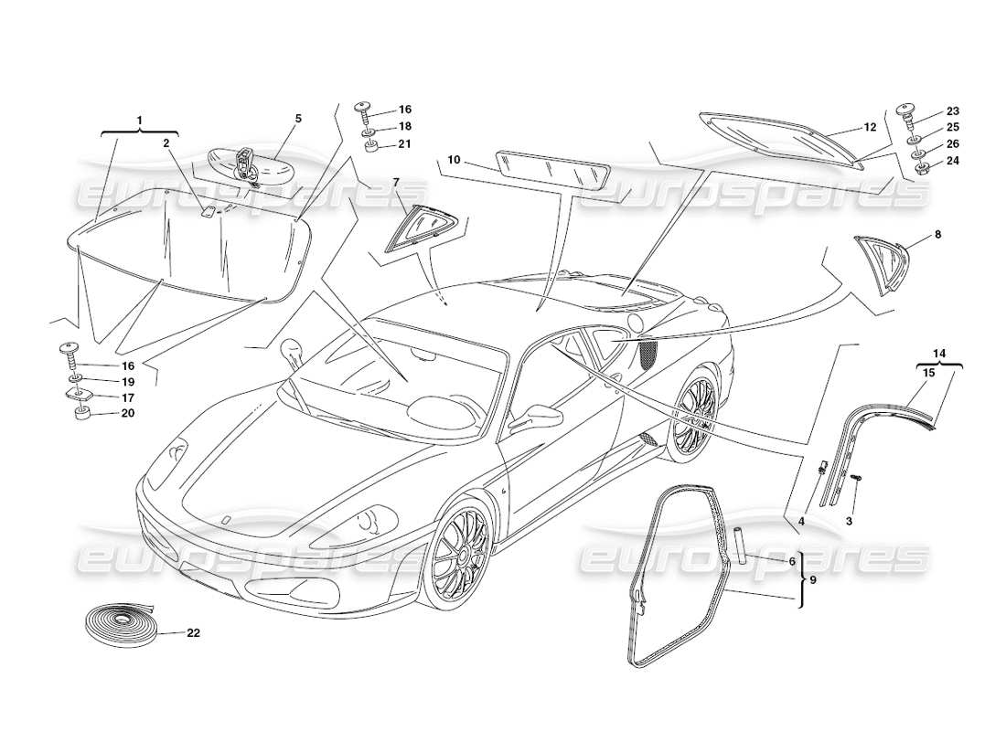ferrari 430 challenge (2006) diagrama de piezas de vidrios y juntas