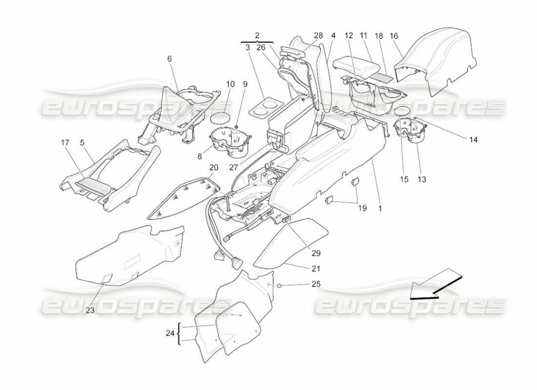 maserati grancabrio (2010) 4.7 diagrama de piezas de la consola de accesorios y la consola central