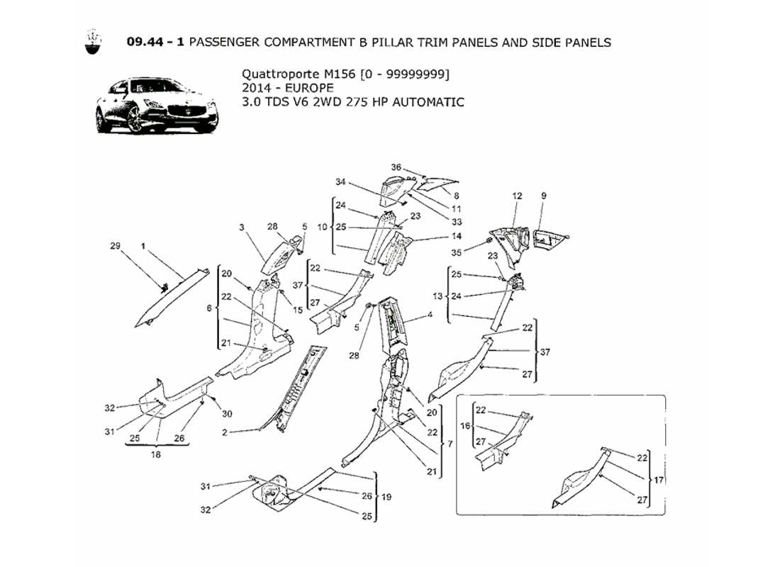 maserati qtp. v6 3.0 tds 275bhp 2014 diagrama de piezas de paneles laterales y embellecedores del pilar b del compartimento de pasajeros