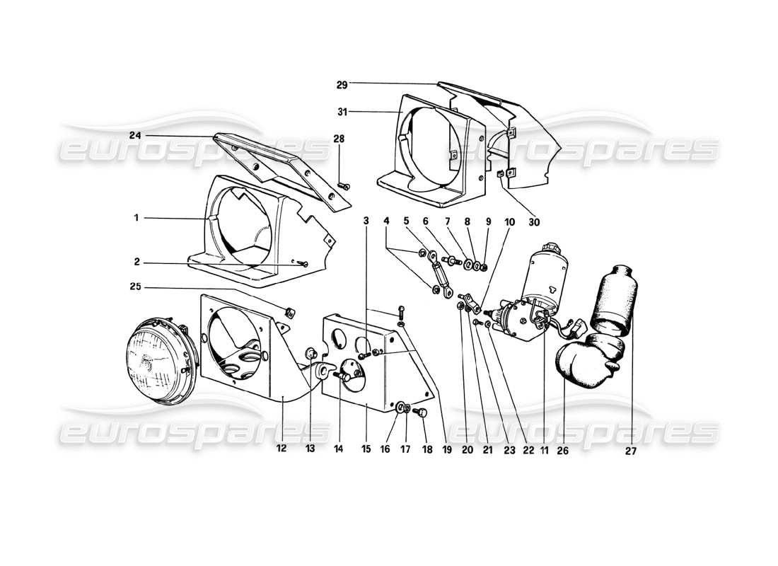 ferrari 308 gtb (1980) diagrama de piezas del dispositivo de elevación de faros (variantes para rhd - versiones aus)