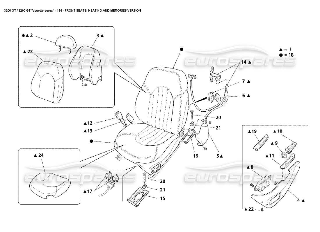 maserati 3200 gt/gta/assetto corsa asientos delanteros: diagrama de piezas de memoria con calefacción