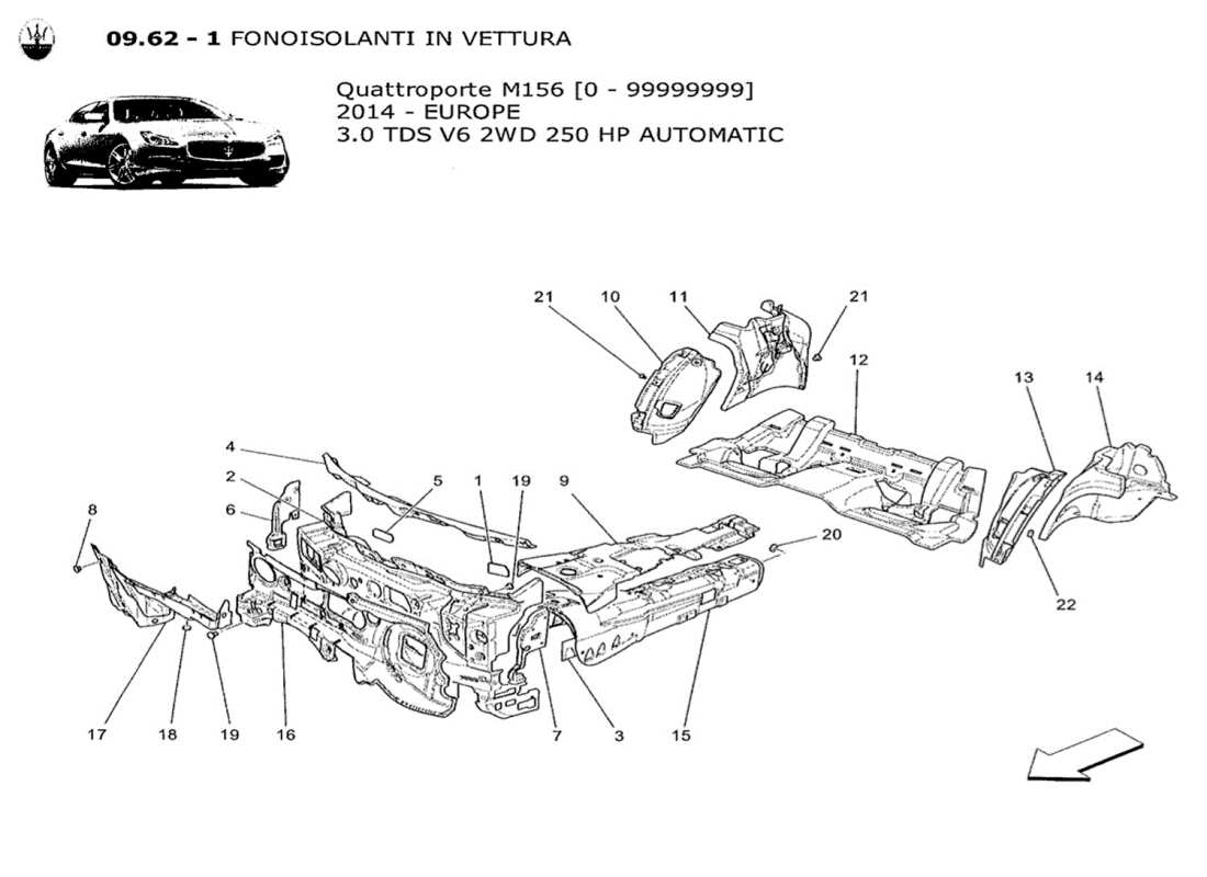 maserati qtp. v6 3.0 tds 250bhp 2014 paneles de insonorización en el interior del vehículo. diagrama de piezas.