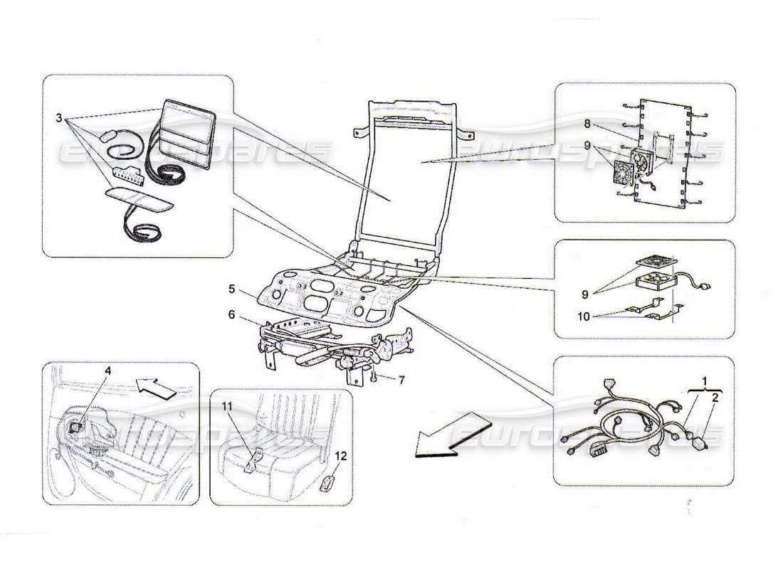 maserati qtp. (2010) 4.2 asientos traseros: diagrama de piezas de mecánica y electrónica