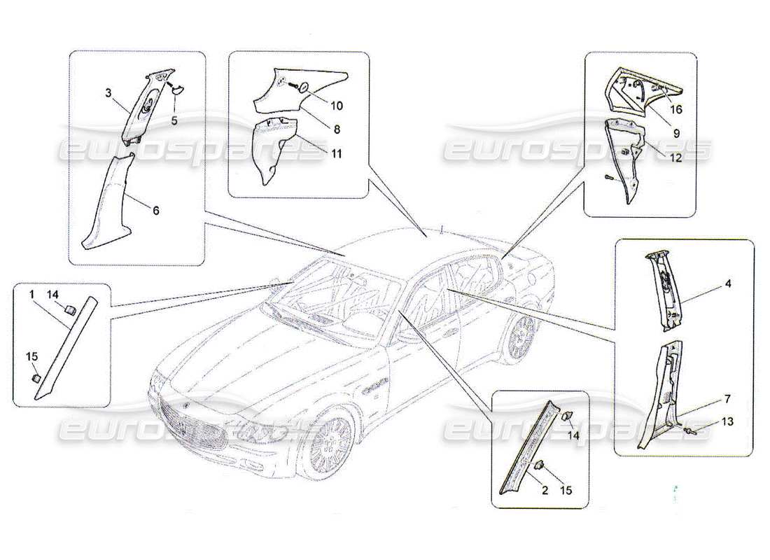 maserati qtp. (2010) 4.2 diagrama de piezas de paneles laterales y embellecedores del pilar b del compartimento de pasajeros