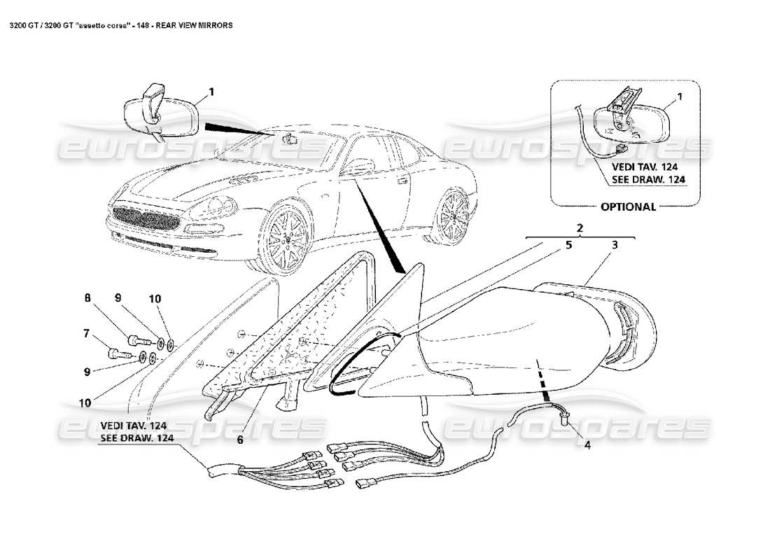 maserati 3200 gt/gta/assetto corsa diagrama de piezas de los espejos retrovisores