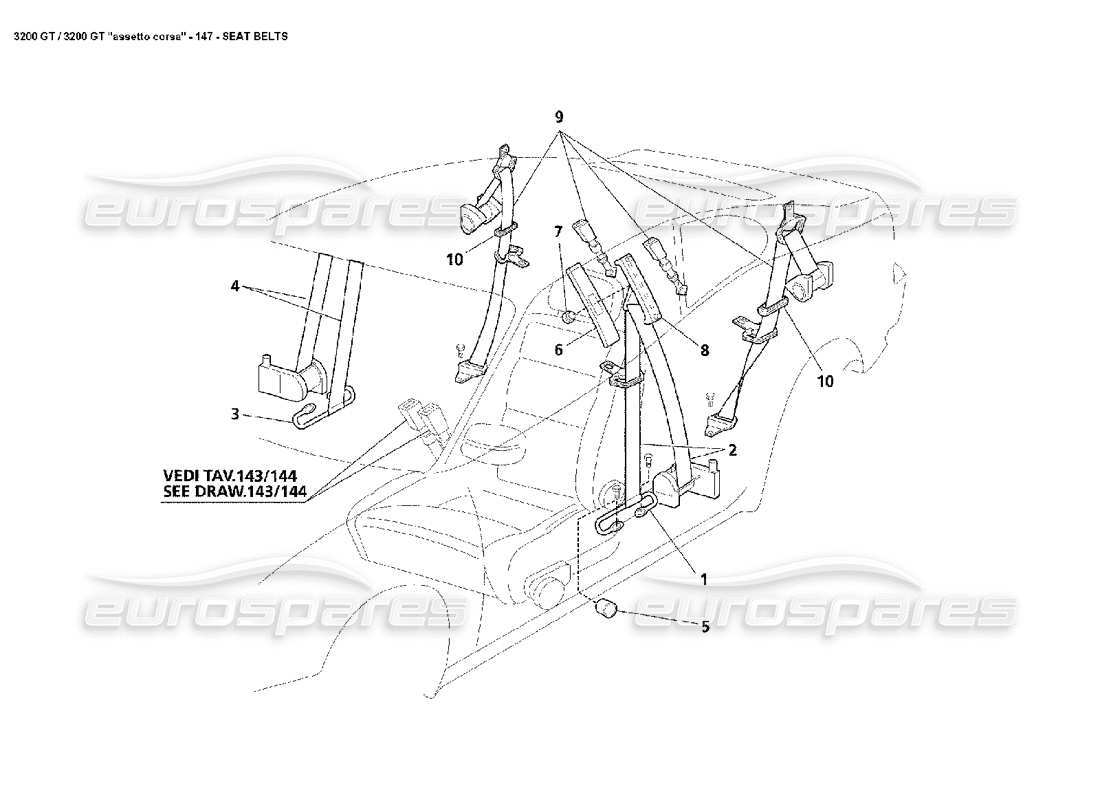 maserati 3200 gt/gta/assetto corsa cinturones de seguridad diagrama de piezas