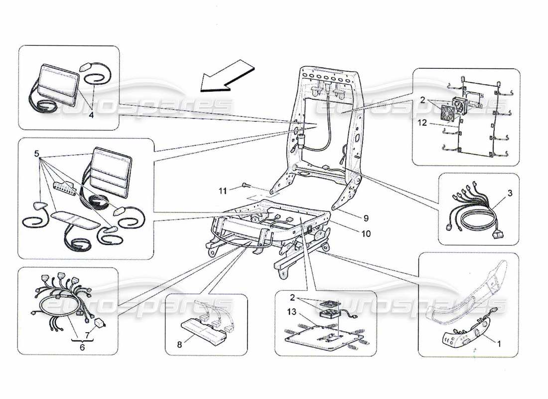 maserati qtp. (2010) 4.7 asientos delanteros: diagrama de piezas de mecánica y electrónica