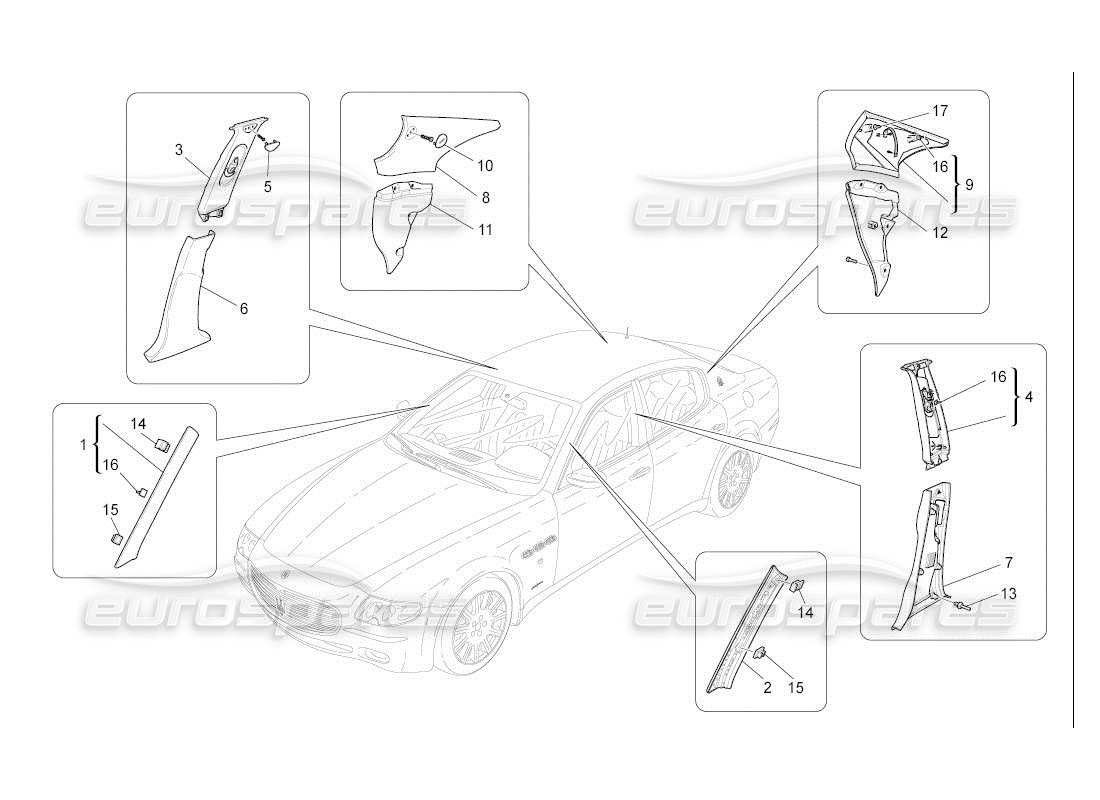 maserati qtp. (2007) 4.2 auto diagrama de piezas de paneles laterales y embellecedores del pilar b del compartimento de pasajeros