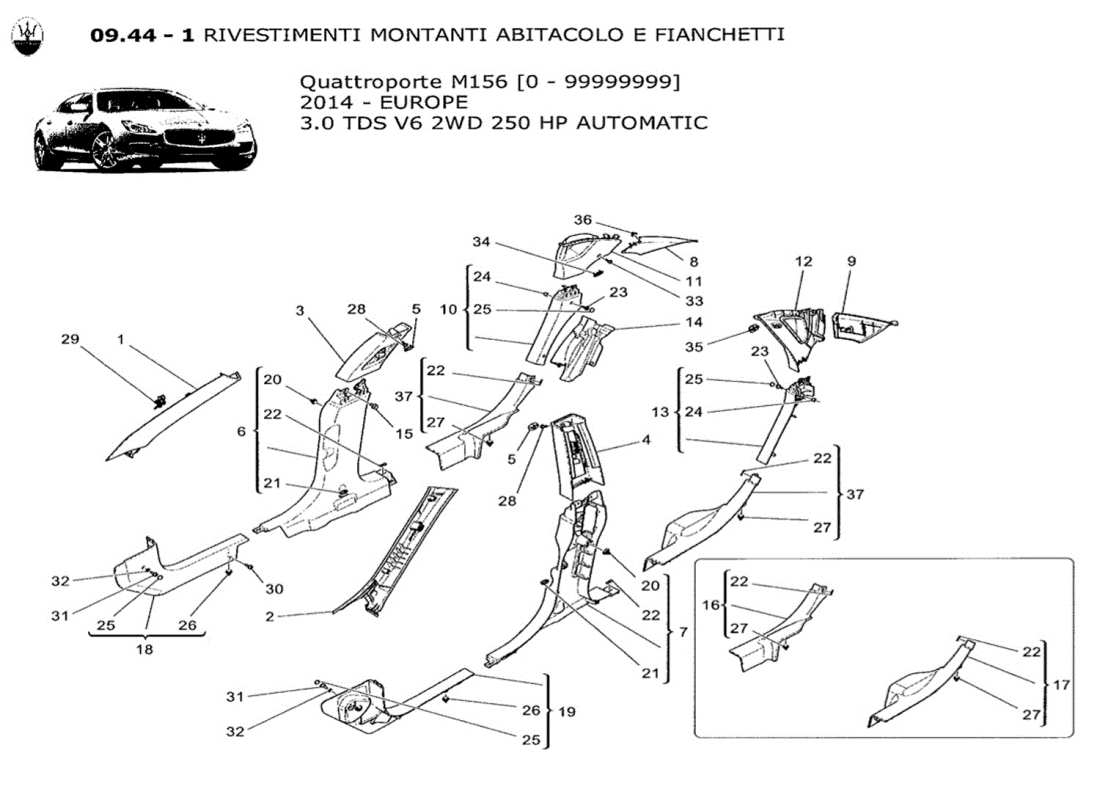 maserati qtp. v6 3.0 tds 250bhp 2014 diagrama de piezas de paneles laterales y embellecedores del pilar b del compartimento de pasajeros