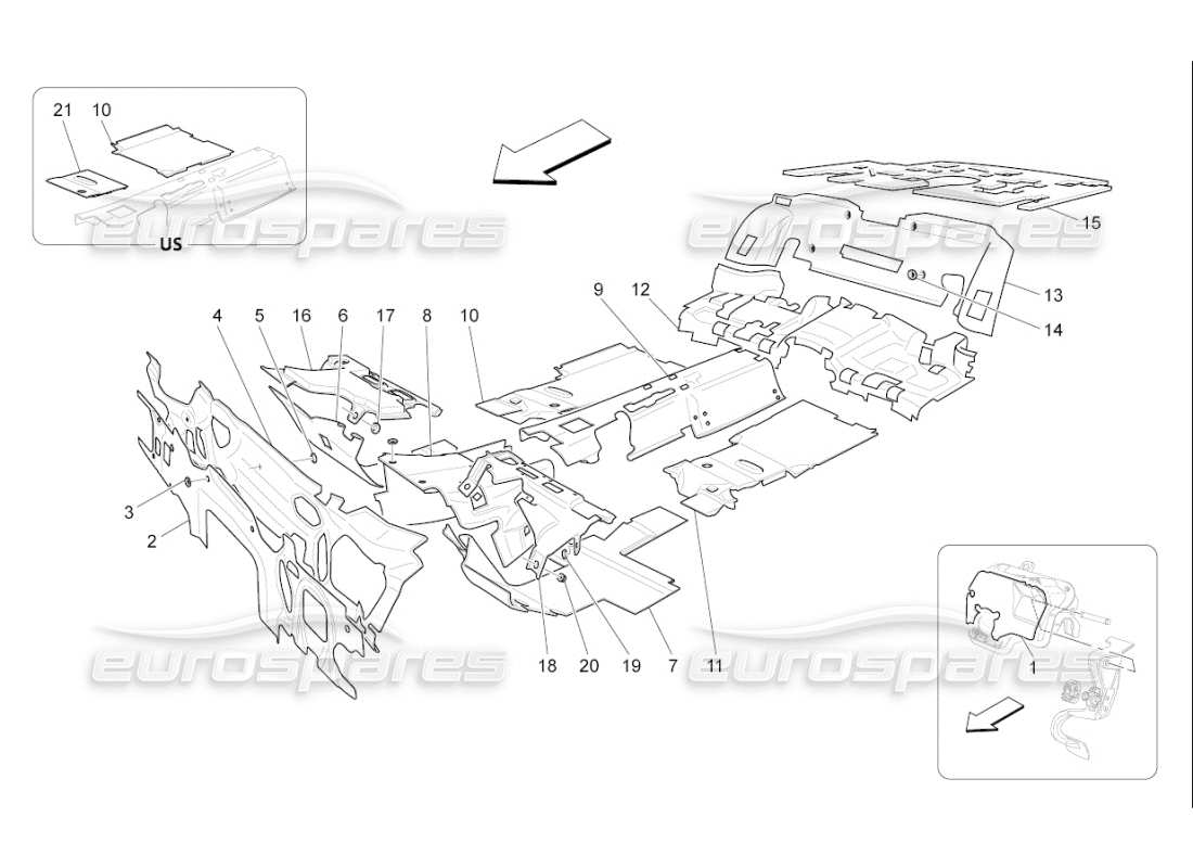maserati qtp. (2010) 4.7 auto paneles de insonorización en el interior del vehículo. diagrama de piezas.