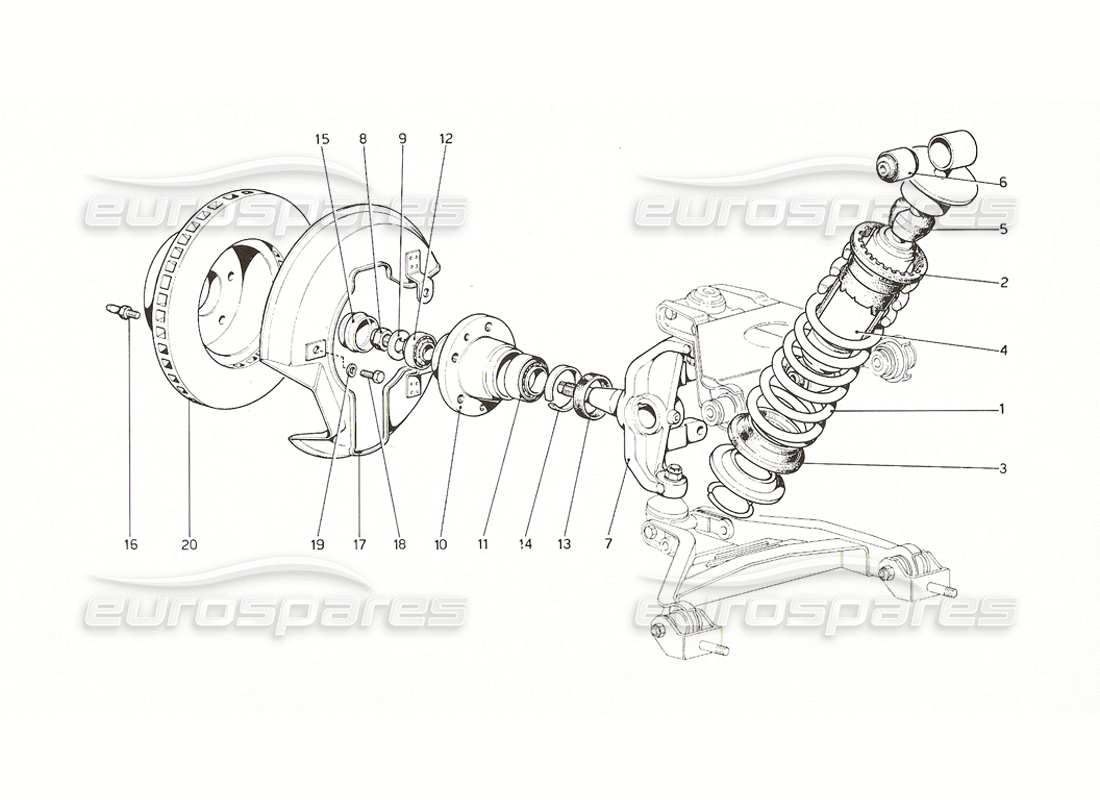 ferrari 308 gt4 dino (1976) suspensión delantera - esquema de piezas de amortiguadores y discos de freno