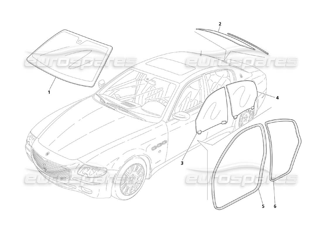 maserati qtp. (2003) 4.2 vidrios y juntas diagrama de piezas