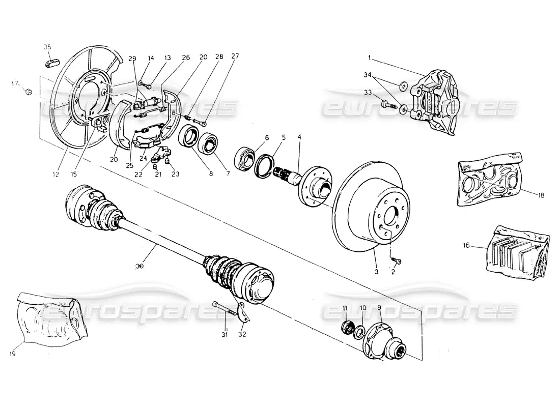 maserati 418 / 4.24v / 430 diagrama de piezas de bujes, frenos traseros y semiejes