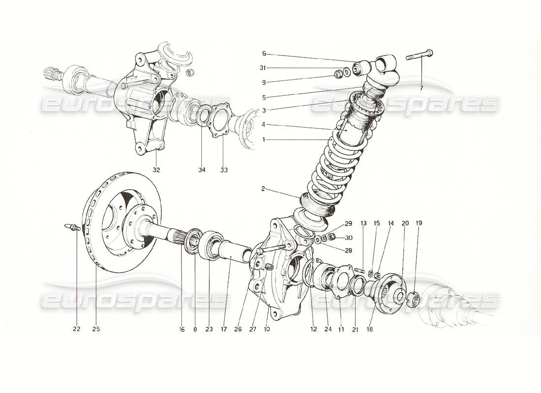 ferrari 308 gt4 dino (1976) suspensión trasera: amortiguador y disco de freno diagrama de piezas