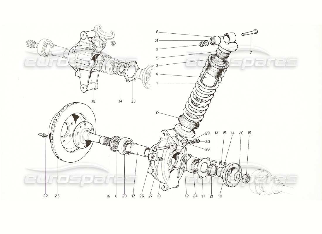 ferrari 308 gt4 dino (1976) rear suspension - shock absorber & brake disc part diagram