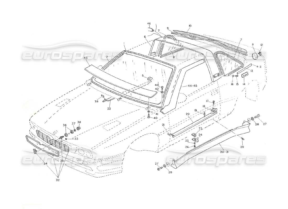 maserati shamal parrilla del radiador - moldura exterior - vidrios diagrama de piezas