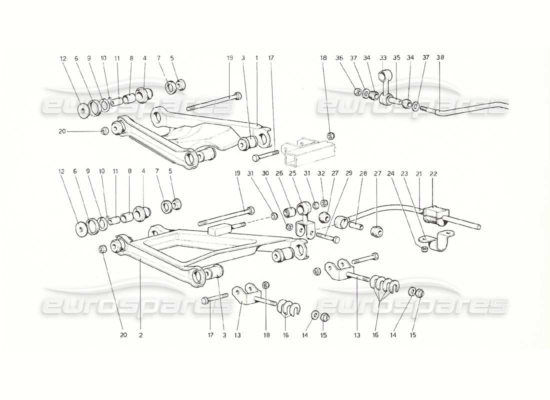 ferrari 308 gt4 dino (1976) suspensión trasera - diagrama de piezas de horquillas