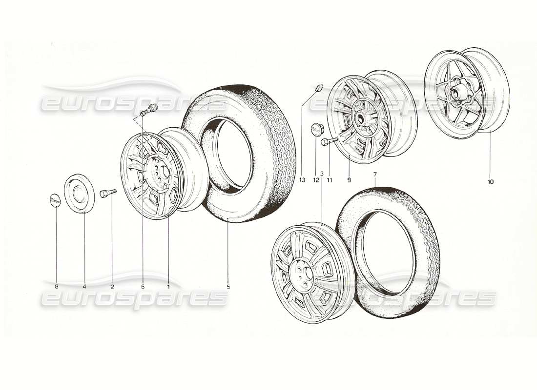 ferrari 308 gt4 dino (1976) diagrama de piezas de ruedas