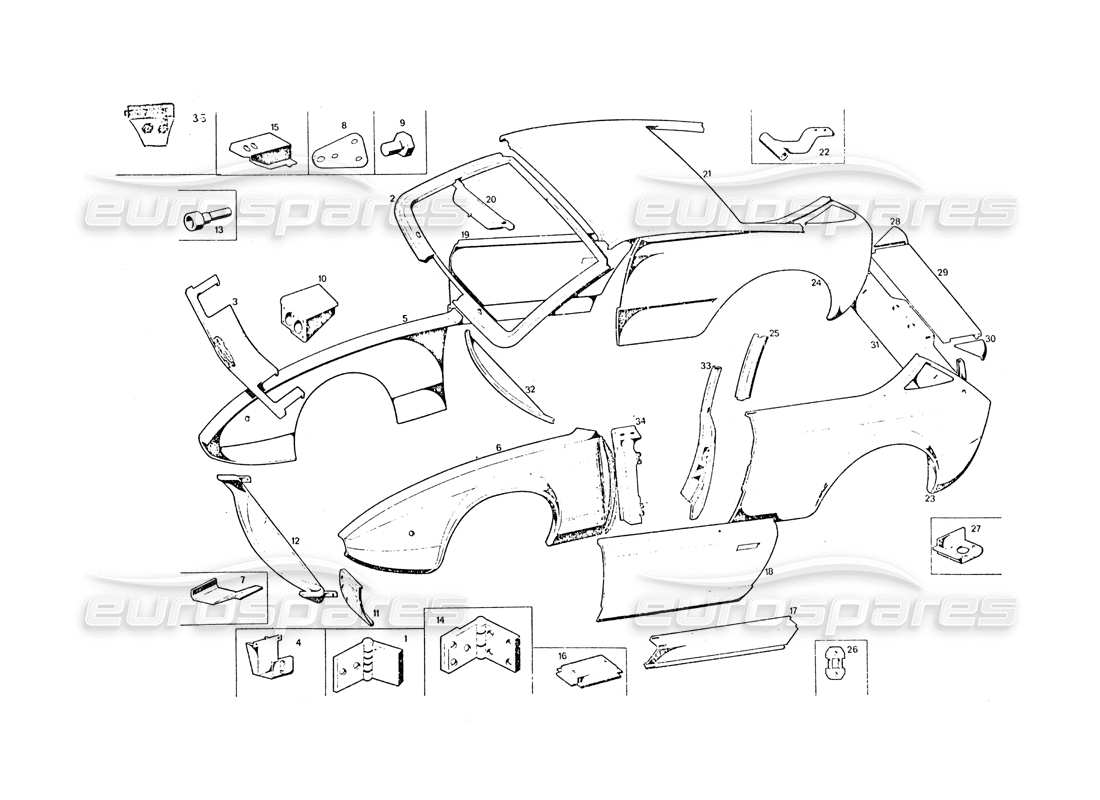 maserati khamsin carrocería diagrama de piezas