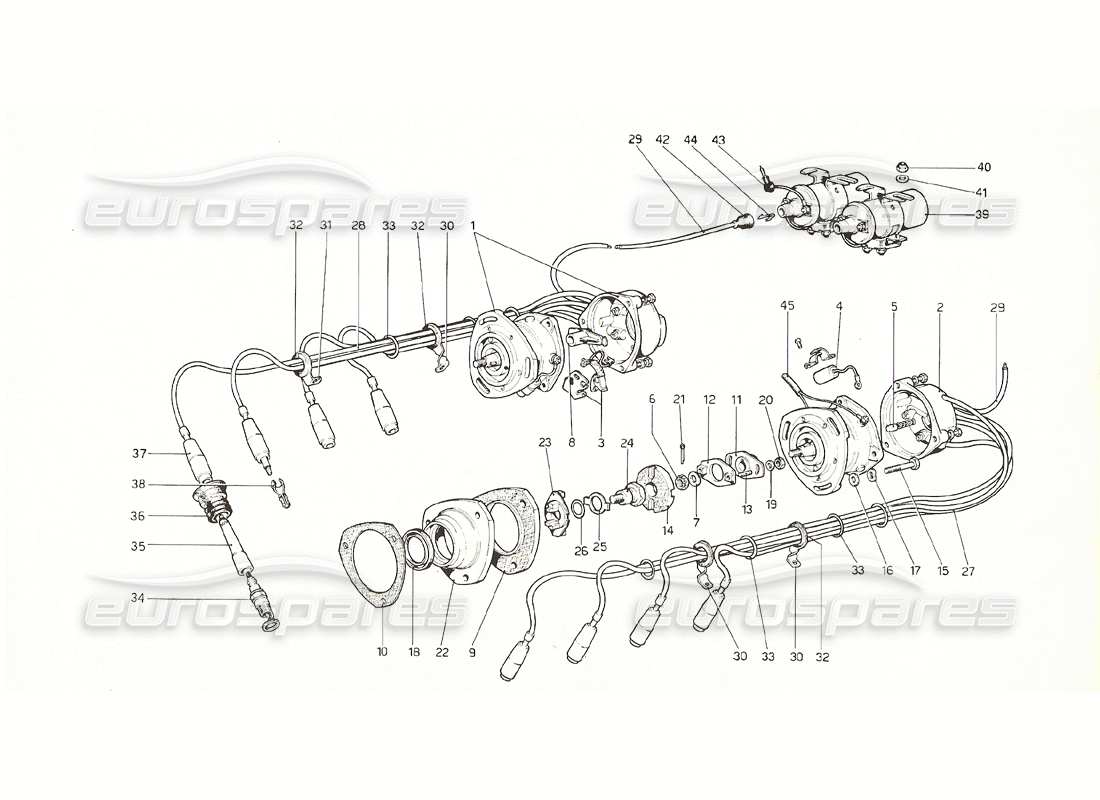 ferrari 308 gt4 dino (1976) engine ignition (2 distributors) part diagram