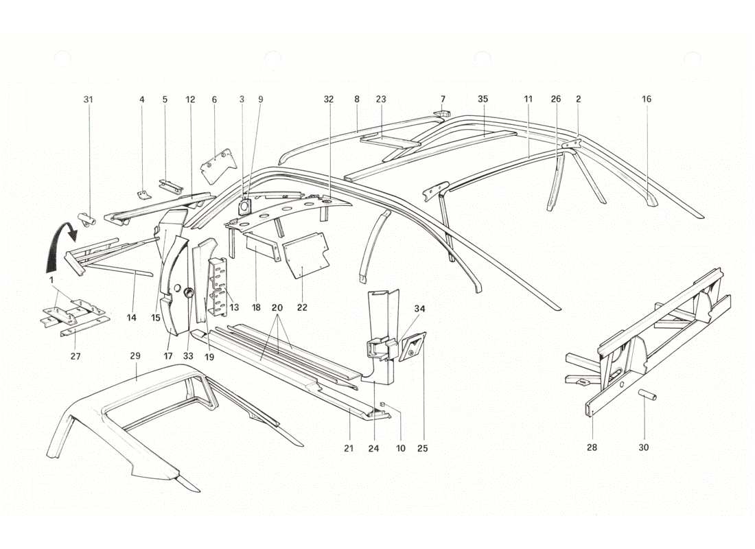 ferrari 208 gtb gts carrocería - diagrama de piezas de elementos interiores