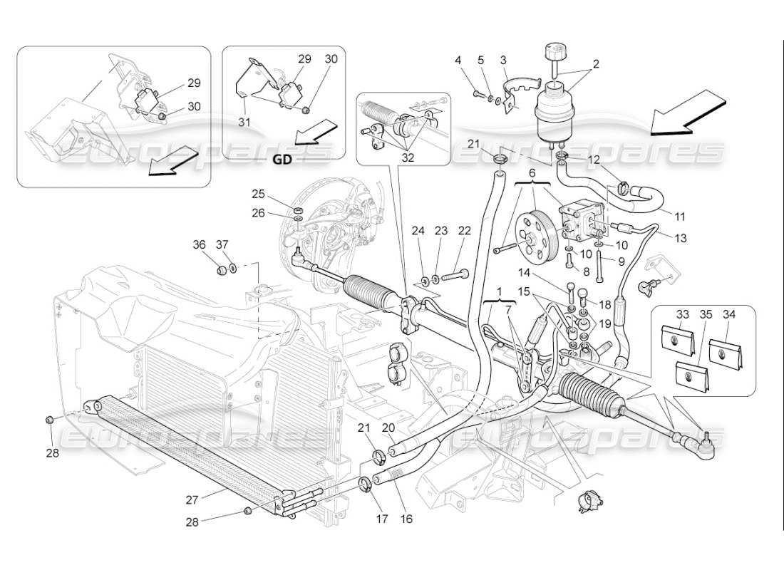 maserati qtp. (2009) 4.7 auto diagrama de piezas de la caja de dirección y la bomba de dirección hidráulica