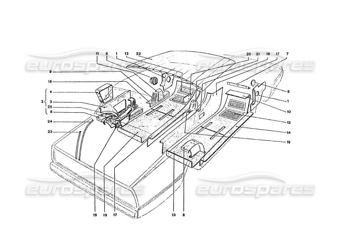 ferrari 365 gt4 2+2 coachwork diagrama de piezas de alfombras y molduras interiores