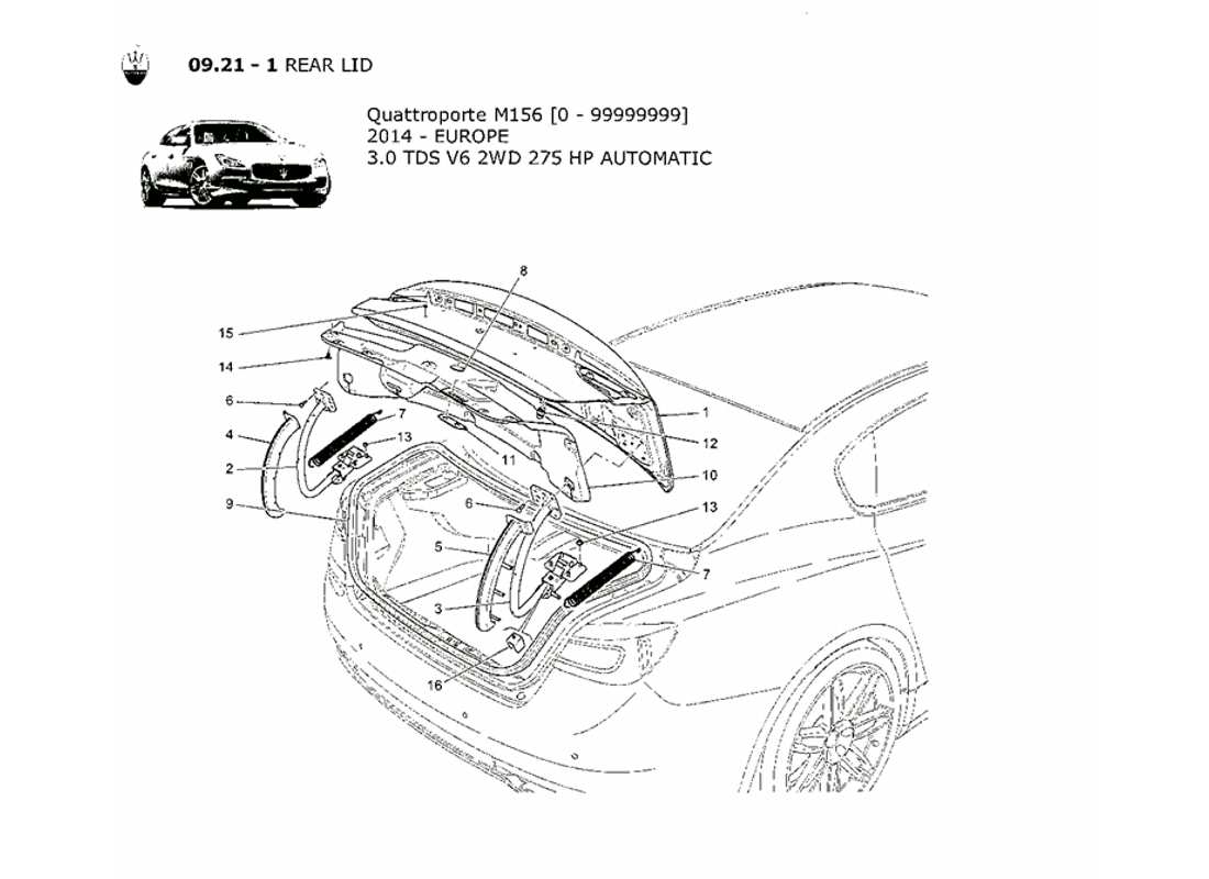 maserati qtp. v6 3.0 tds 275bhp 2014 diagrama de piezas de la tapa trasera