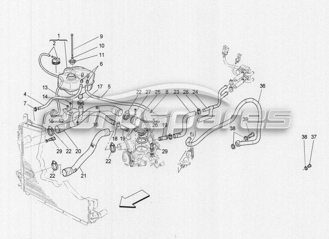 maserati grancabrio mc centenario refrigeración: diagrama de piezas de tuberías