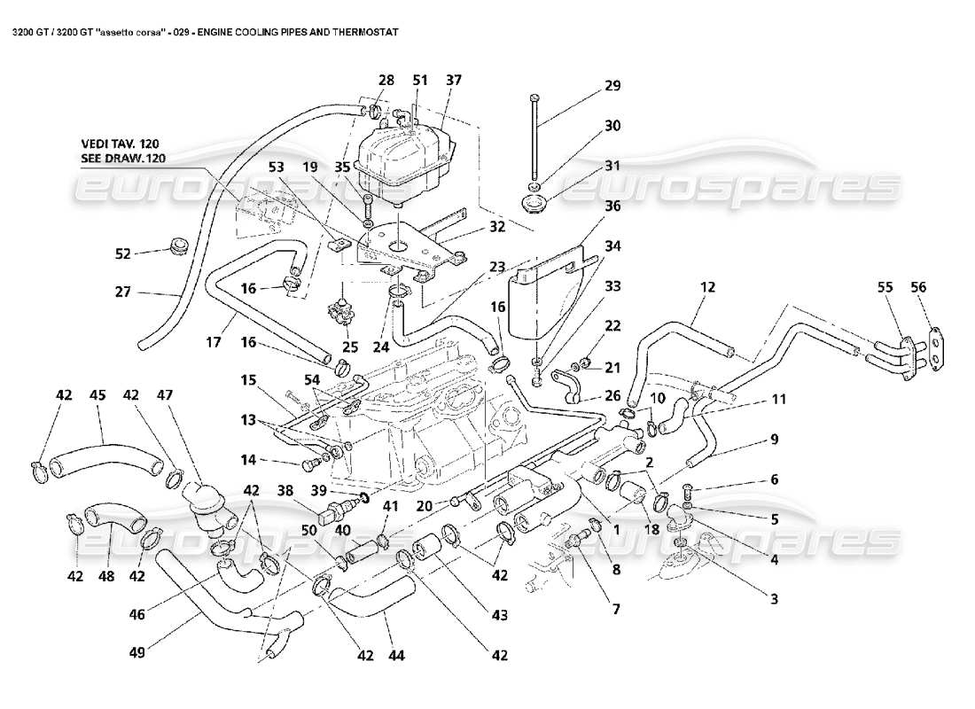 maserati 3200 gt/gta/assetto corsa tubos de refrigeración del motor y termostato diagrama de piezas