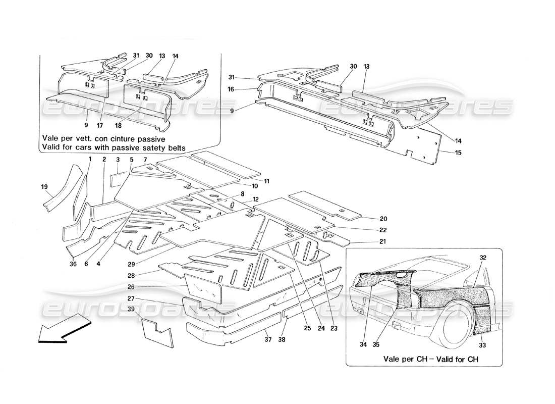 ferrari 348 (1993) tb / ts aislamientos del habitáculo diagrama de piezas