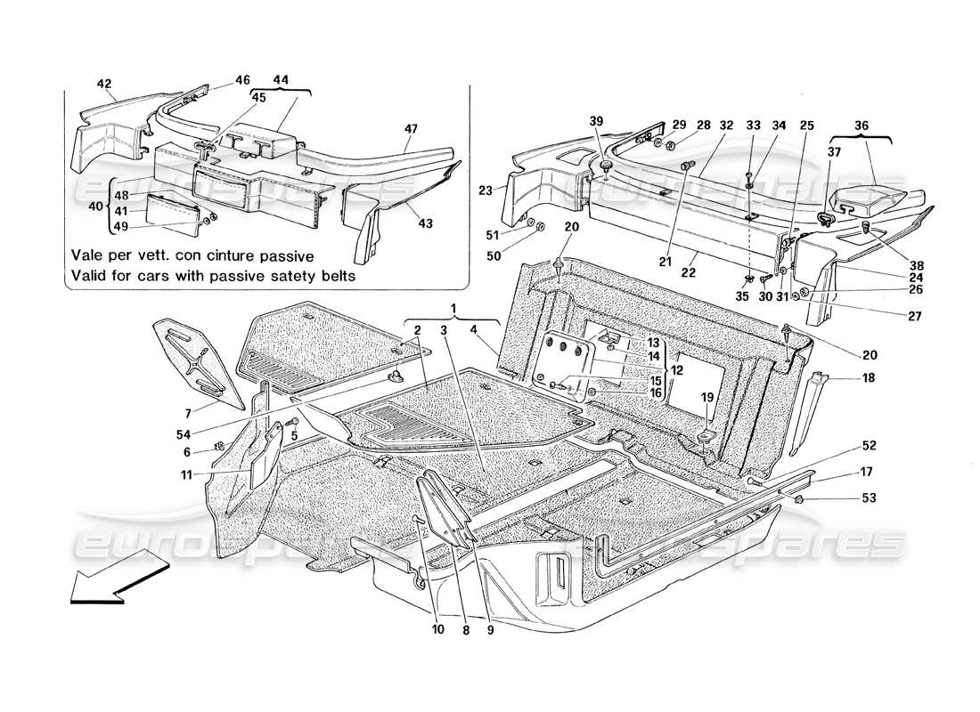 ferrari 348 (1993) tb / ts diagrama de piezas de las alfombras del compartimento de pasajeros