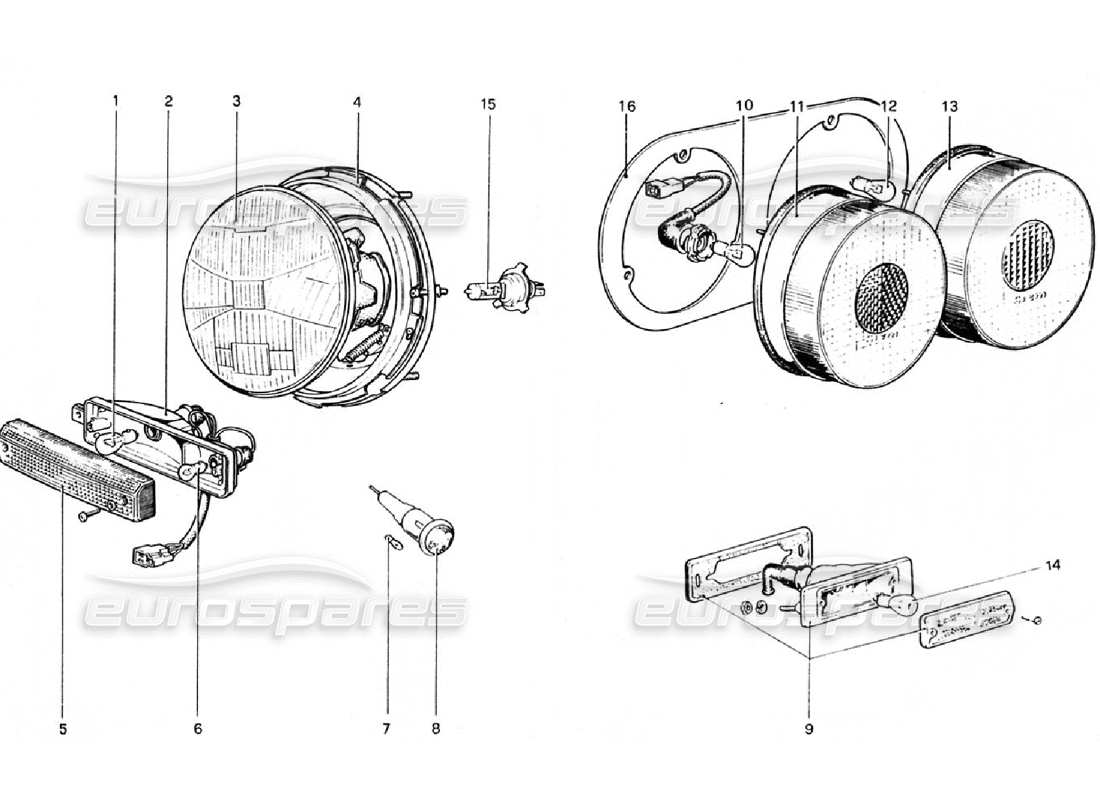 ferrari 308 gtb (1976) diagrama de piezas de luces (válido para versiones rhd - aus)