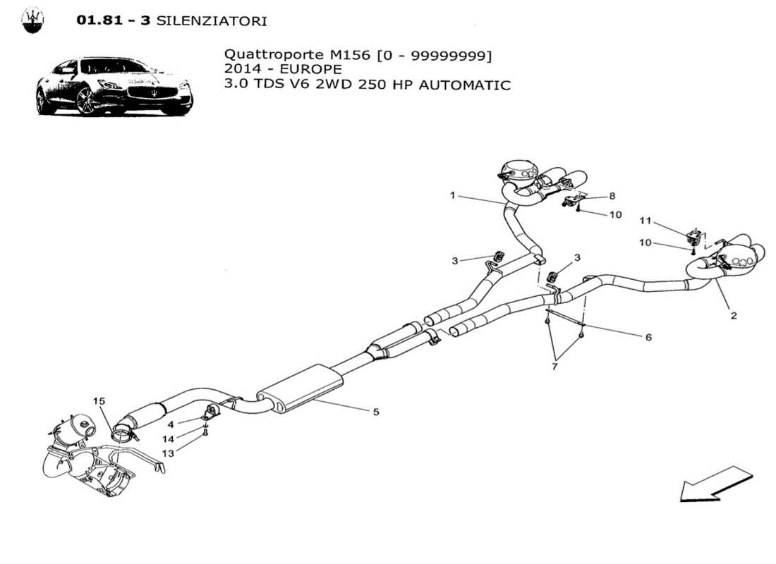 maserati qtp. v6 3.0 tds 250bhp 2014 diagrama de piezas de silenciadores