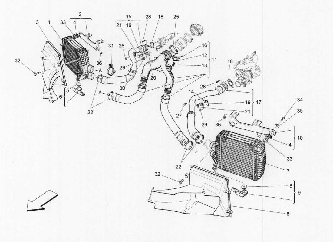 maserati qtp. v6 3.0 bt 410bhp 2015 diagrama de piezas del sistema de intercooler
