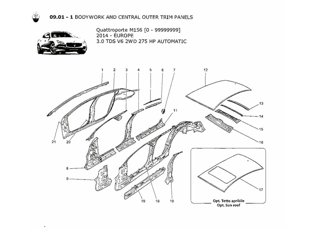maserati qtp. v6 3.0 tds 275bhp 2014 diagrama de piezas de carrocería y paneles exteriores centrales