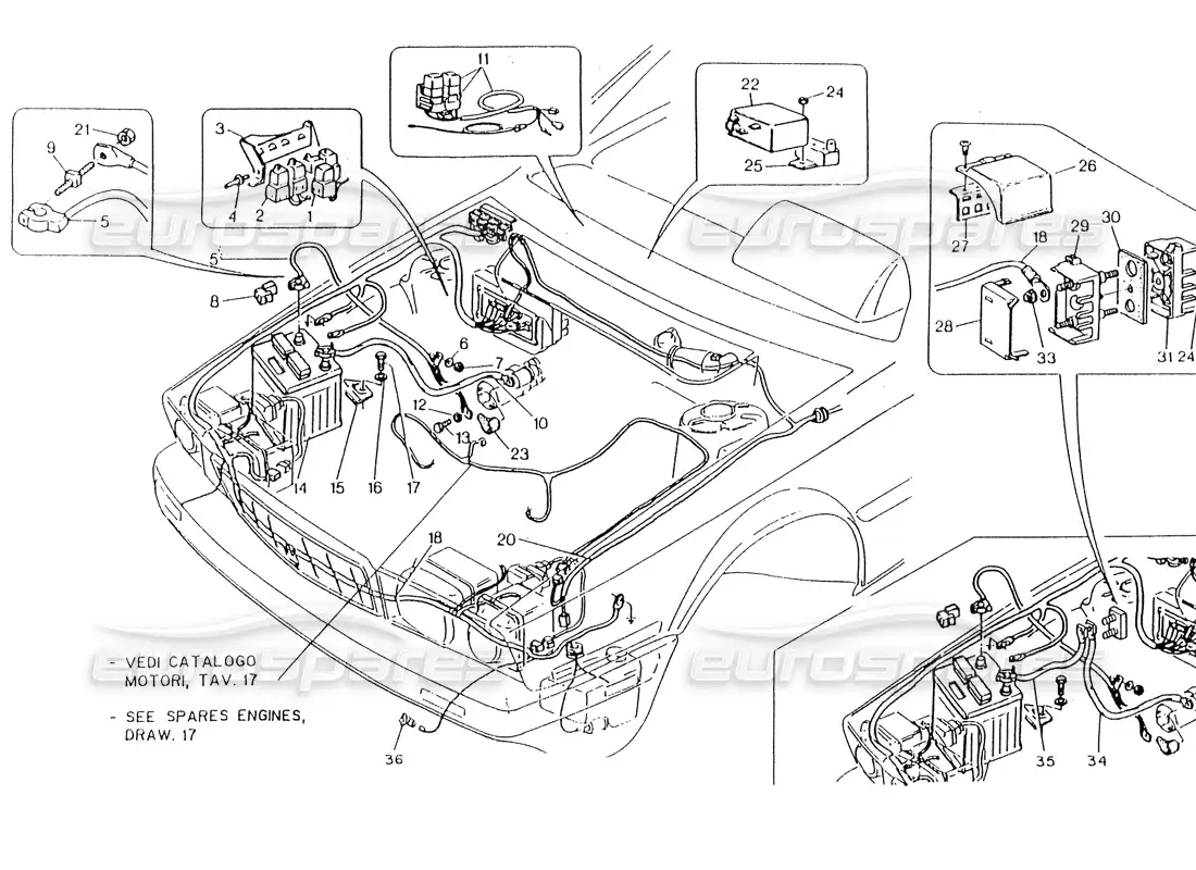 maserati 418 / 4.24v / 430 compartimento del motor. eléctrico. sistema, dirección izquierda. diagrama de piezas