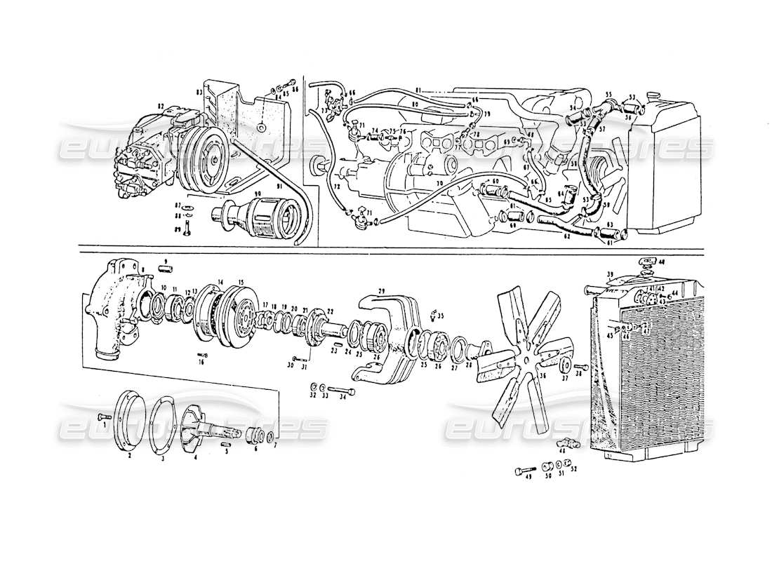 maserati 3500 gt bomba de agua y ventilador diagrama de piezas