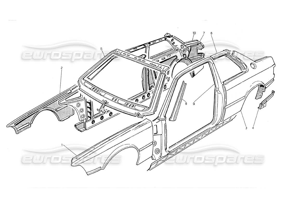maserati 228 carrocería: diagrama de piezas de los paneles exteriores