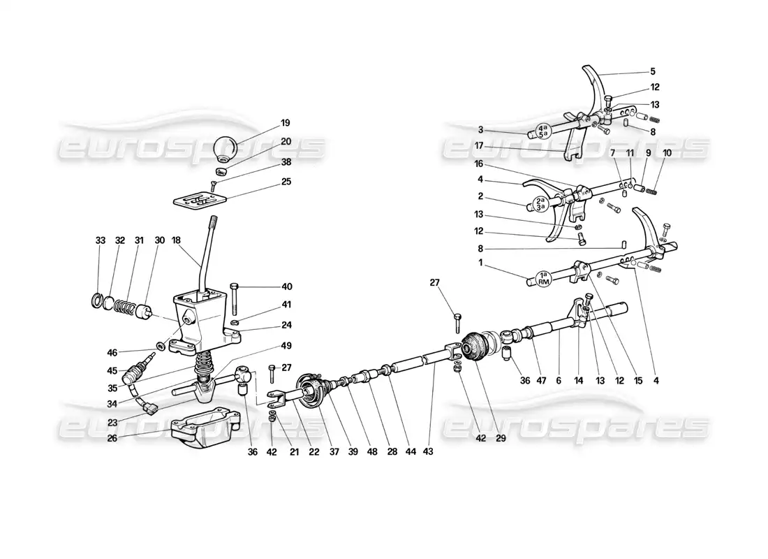 ferrari testarossa (1987) diagrama de piezas de los controles de la caja de cambios