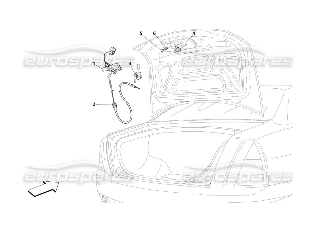 maserati qtp. (2003) 4.2 diagrama de piezas del dispositivo de apertura del capó trasero