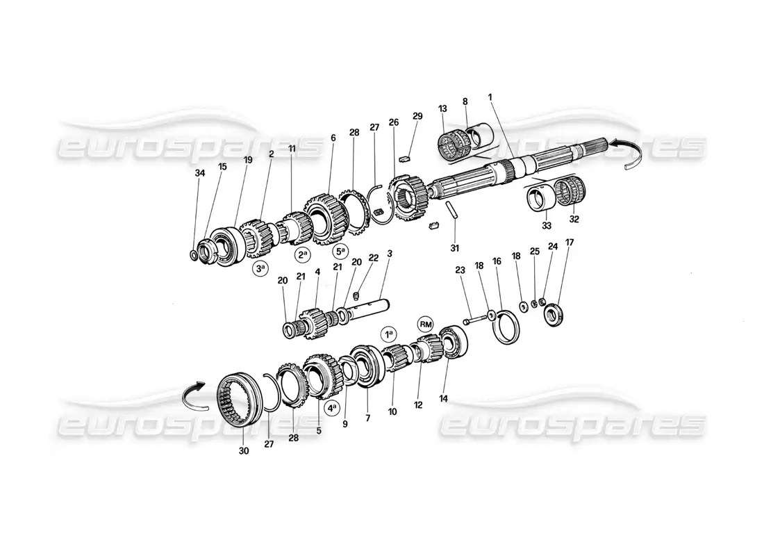 ferrari testarossa (1987) diagrama de piezas de engranajes del eje principal