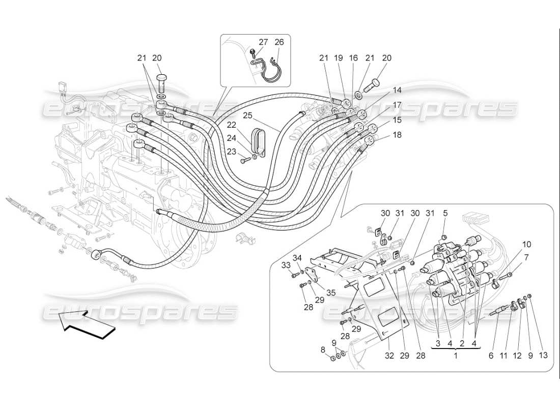 maserati qtp. (2007) 4.2 f1 sistema hidráulico de activación de la caja de cambios: diagrama de piezas de la unidad de potencia