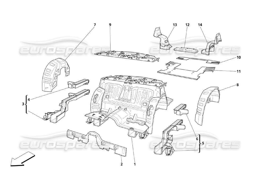 maserati qtp. (2003) 4.2 piezas estructurales traseras diagrama de piezas