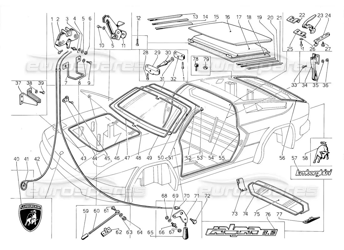 lamborghini jalpa 3.5 (1984) capó delantero y techo rígido extraíble diagrama de piezas