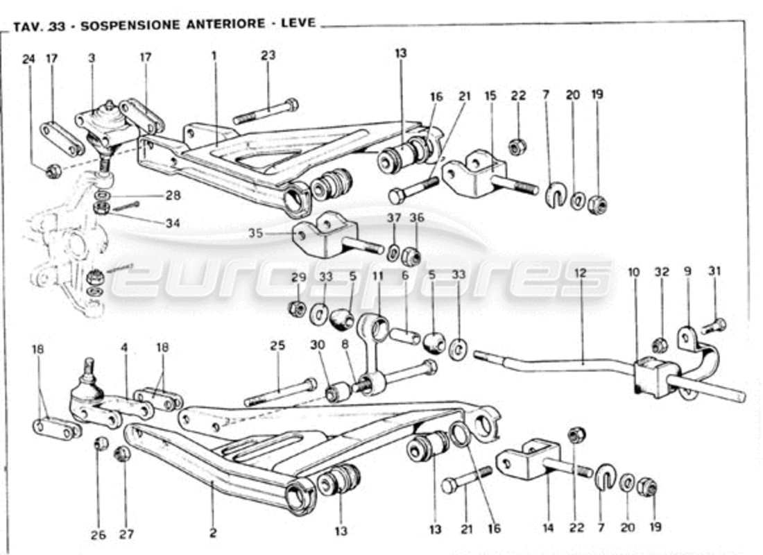 ferrari 246 gt series 1 suspensión delantera - diagrama de piezas de horquillas