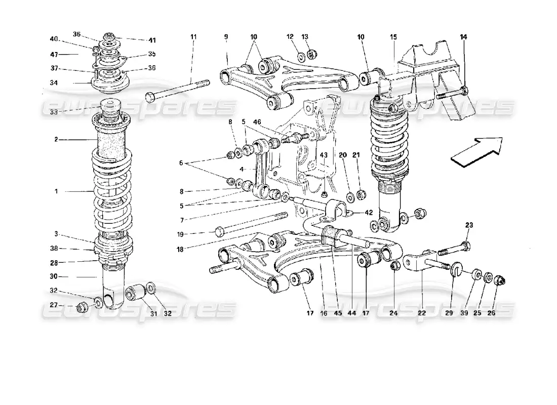 ferrari 512 tr suspensión trasera: horquillas y amortiguador diagrama de piezas