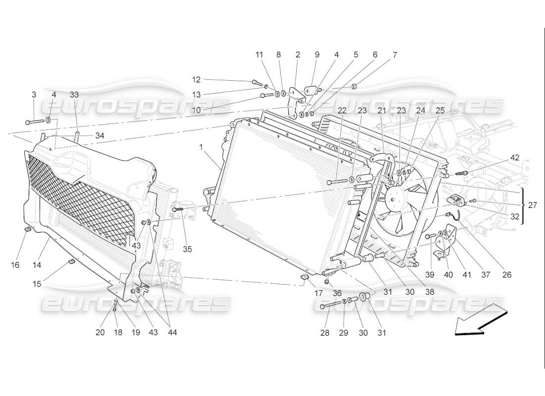 maserati qtp. (2009) 4.7 auto enfriamiento: diagrama de piezas de conductos y radiadores de aire