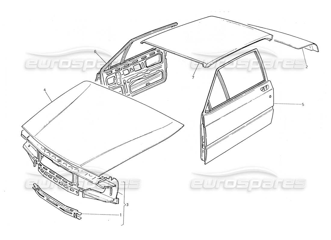 maserati 228 carrocería: diagrama de piezas del panel frontal, panel del techo, puertas y maletero